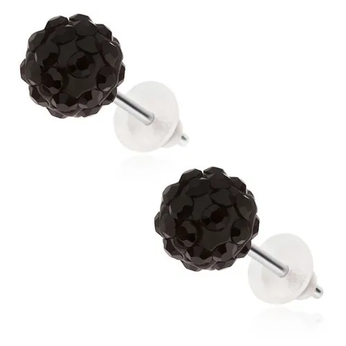 Náušnice z chirurgické oceli - černé Shamballa kuličky se zirkony, 8 mm