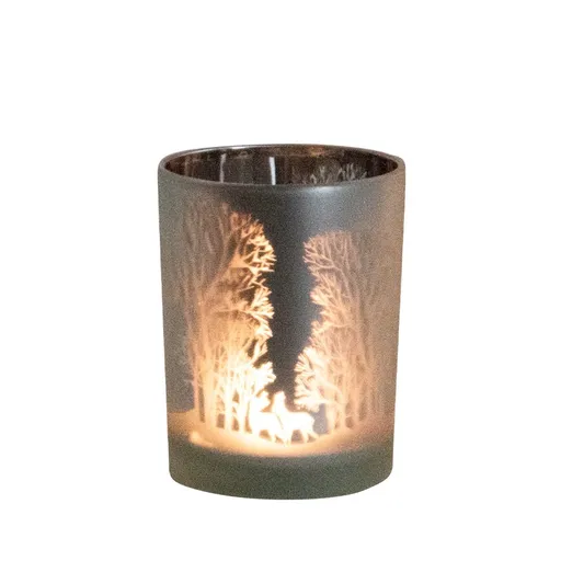 Skleněný svícen s motivem lesa a jelenů M - 10*10*12,5cm Mars & More