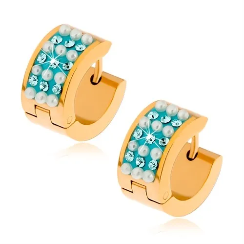 Ocelové náušnice zlaté barvy, bílé kuličky a tyrkysové zirkony