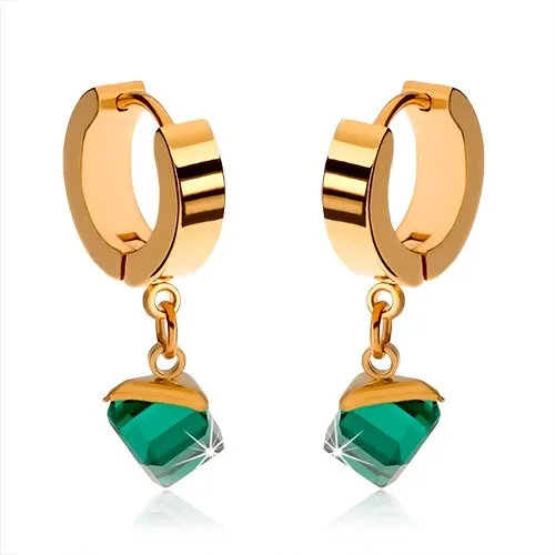 Lesklé náušnice z oceli zlaté barvy, visací smaragdově zelená kostka