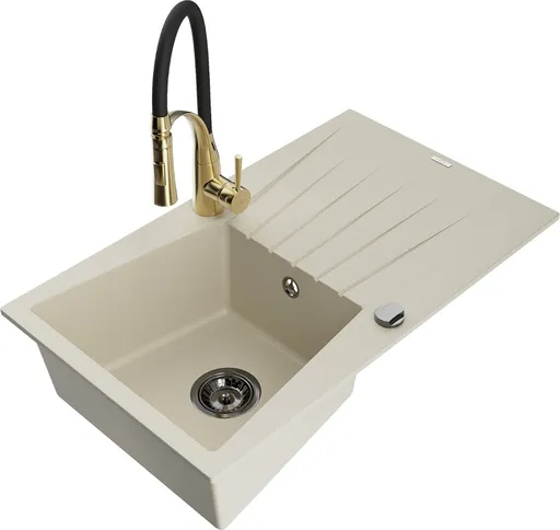 MEXEN/S Cesar granitový dřez s odkapávačem včetně baterie Aster, béžová 6514-69-73450-57-B