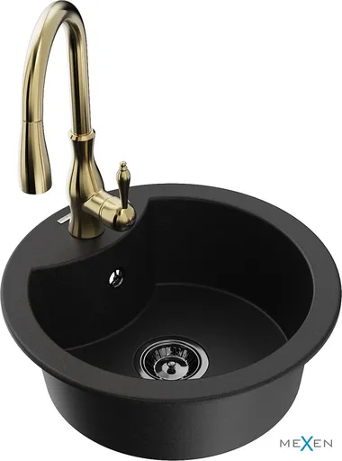 MEXEN/S Diego granitový dřez 1-miska včetně baterie Savita, černá 6512-77-672601-50-B