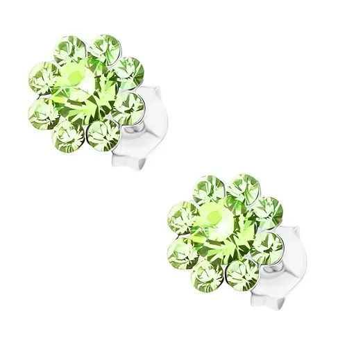 Stříbrné 925 náušnice, květ ze světle zelených krystalků Preciosa
