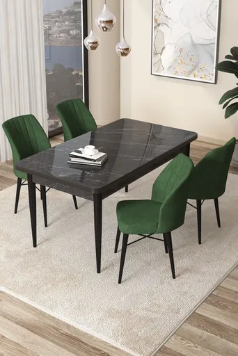 Dining Table & Chairs Set (5 Pieces) Arp - Black Marble, Khaki