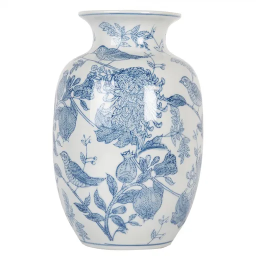Keramická váza s modrými květy a ptáčky Pointea - Ø 14*23 cm Clayre & Eef
