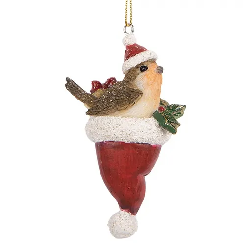 Béžová závěsná dekorace ptáček v červené čepce - 5*3*9 cm Clayre & Eef