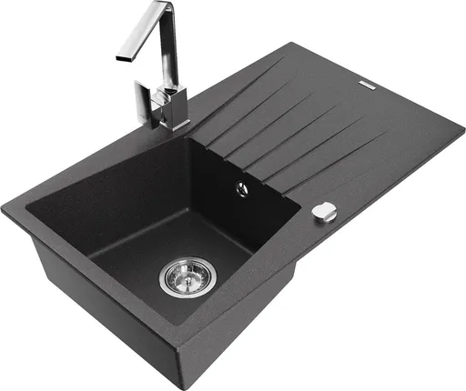 MEXEN/S Cesar granitový dřez 1-miska s odkapávačem včetně baterie Rita, černý kropenatý 6514-76-670300-00