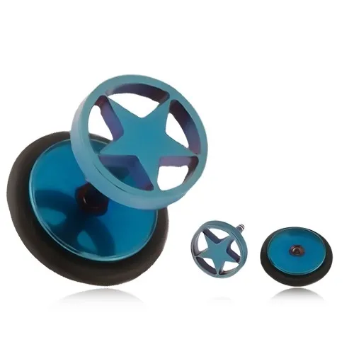 Světle modrý falešný plug do ucha z oceli, hvězda v kruhu