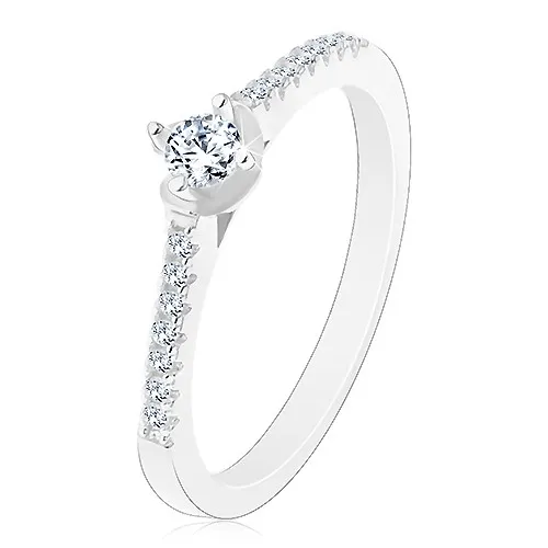 Stříbrný 925 prsten, třpytivá zirkonová ramena, kulatý čirý zirkon - Velikost: 50