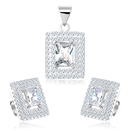 Stříbrný set 925, náušnice s přívěskem, zirkonový obdélník, dvojitá obruba