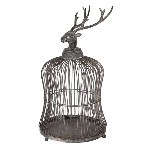 Šedá antik kovová dekorace ptačí klec jelen Deer - Ø 26*50 cm Clayre & Eef