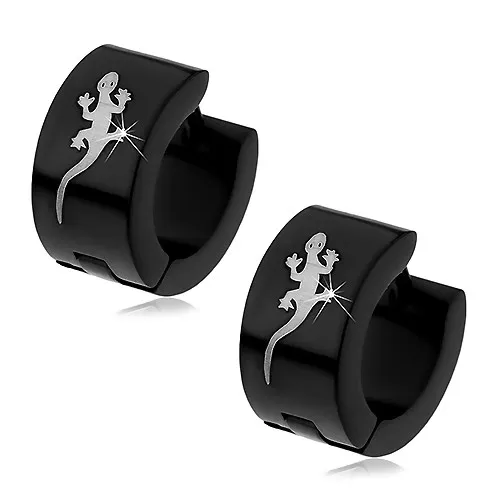 Náušnice z chirurgické oceli - černé, ještěrka stříbrné barvy