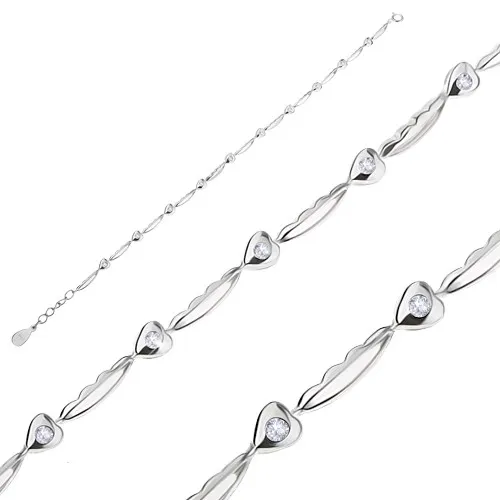 Náramek ze stříbra 925, úzké podlouhlé články s výřezem, srdíčka