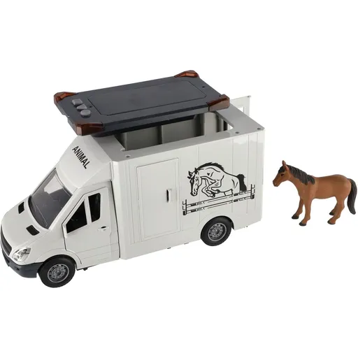 Auto přepravník zvířat plast  28 cm s koněm na setrvačník se světlem se zvukem šedé