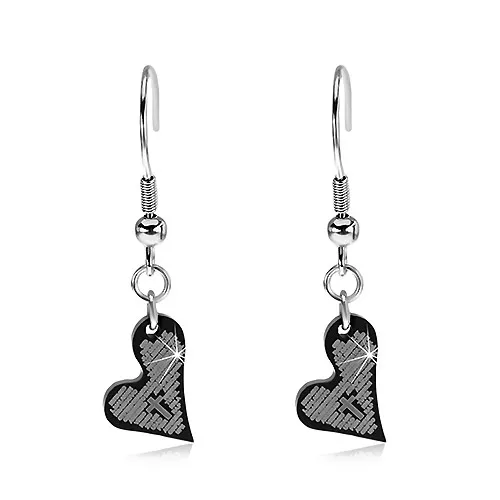 Náušnice z chirurgické oceli, černé nesouměrné srdíčko s křížem a s modlitbou