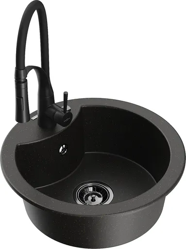 MEXEN/S Diego granitový dřez 1-miska včetně baterie Aster, černá/zlatá metalik 6512-75-73450-70-B