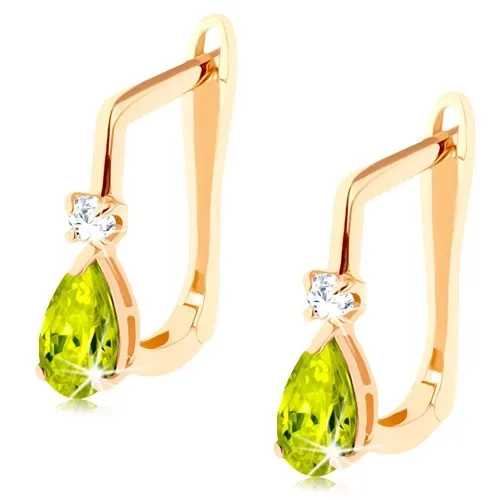 Náušnice ze žlutého 14K zlata - zelená zirkonová slza a čirý zirkonek
