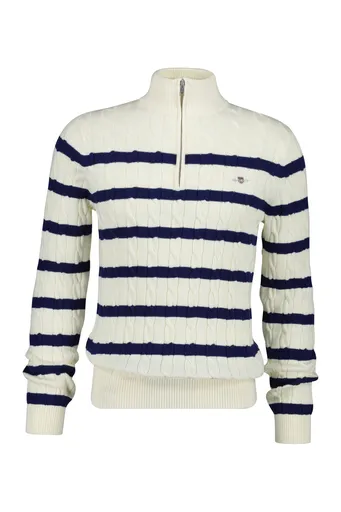 SVETR GANT STRIPED COTTON CABLE HALF ZIP CREAM