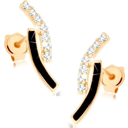Zlaté náušnice 585 - dva oblouky, linie čirých zirkonků, černá glazura