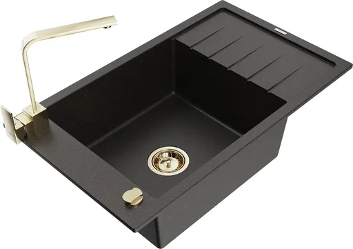 MEXEN/S Elias granitový dřez 1-miska s odkapávačem včetně baterie Rita, černý/zlatý metalik 6511-75-670300-50