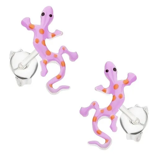 Stříbrné 925 náušnice, puntíkovaná fialovooranžová ještěrka, glazura