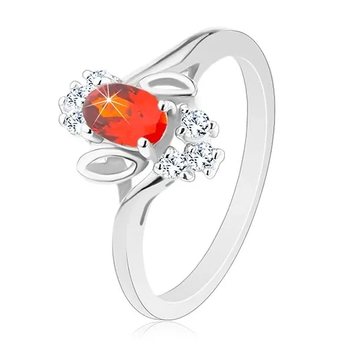 Prsten stříbrné barvy, tmavě oranžový broušený ovál, čiré zirkonky, lístečky - Velikost: 51