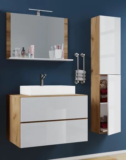 VCM 4dílná umyvadlová skříňka Lendas M 80 cm se zrcadlem a vysokou skříňkou, dub medový