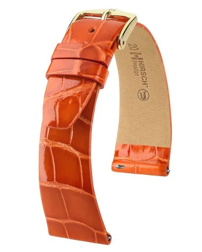 Řemínek Hirsch Prestige Alligator - oranžový, lesk - 15 mm - M – Střední délka - 14 mm - Zlatá