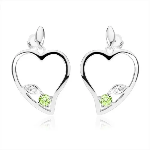 Stříbrné náušnice 925, obrys asymetrického srdce, čirý a zelený zirkon