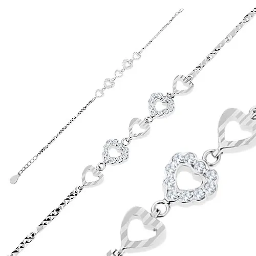 Náramek, stříbro 925, gravírované články, srdíčka - zářezy a čiré zirkony