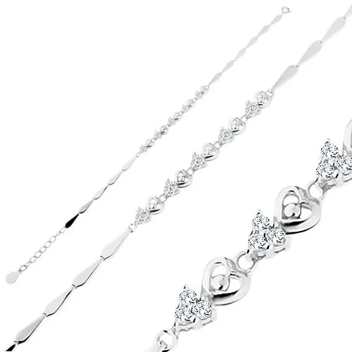 Nastavitelný náramek, stříbro 925, střídající se lesklá a čirá zirkonová srdce