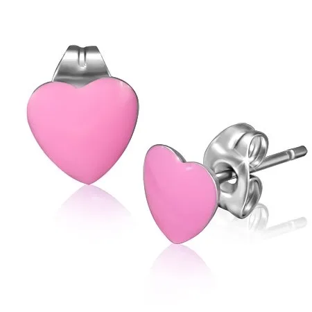 Náušnice z oceli, růžová glazovaná srdce