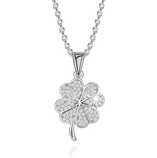 Stříbrný náhrdelník 925 - čtyřlístek, okvětní lístky ve tvaru srdce, čiré zirkony