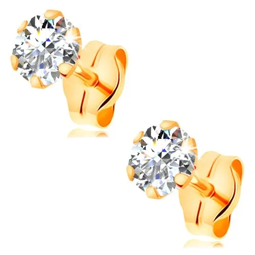 Puzetové náušnice ze žlutého 14K zlata - čirý kulatý zirkon v kotlíku, 4 mm