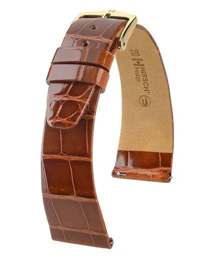 Řemínek Hirsch Prestige Alligator - zlatohnědý, lesk - 15 mm - M – Střední délka - 14 mm - Zlatá