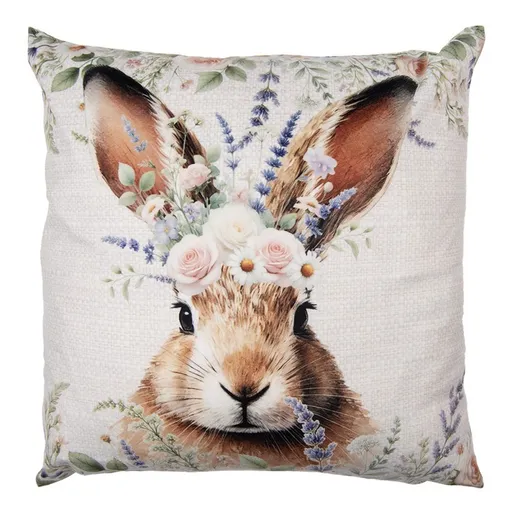 Béžový povlak na polštář s hlavou králíka a květy - 45*45cm Clayre & Eef