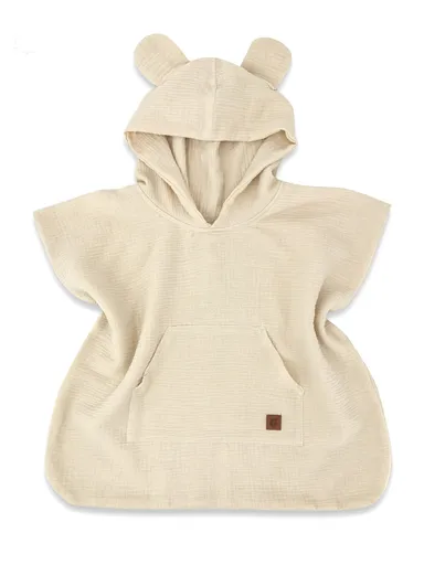 Baby Nellys Dětské mušelínové pončo lux s kapucí Teddy, rychleschnoucí, béžové, 110/122
