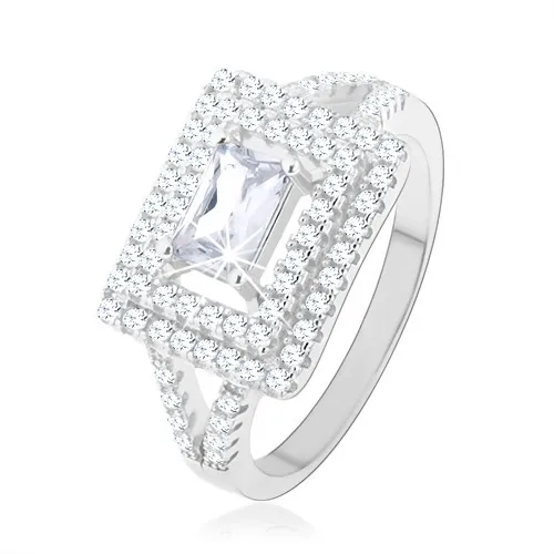 Prsten, stříbro 925, čirý zirkon - obdélník, třpytivý lem, rozdvojená ramena - Velikost: 49