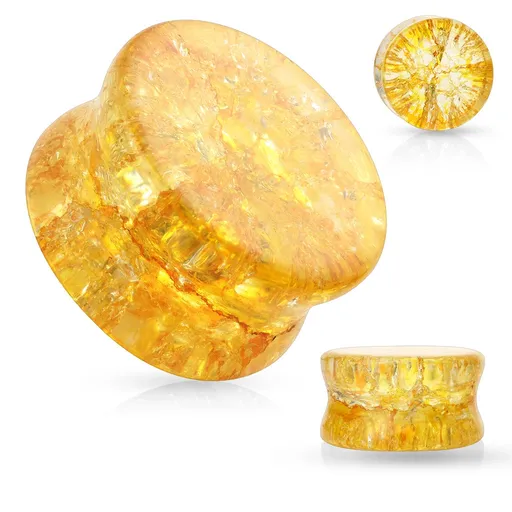 Skleněný sedlový plug do ucha s oblými hranami, průhledný, medová barva, rozbitý efekt - Tloušťka : 6 mm