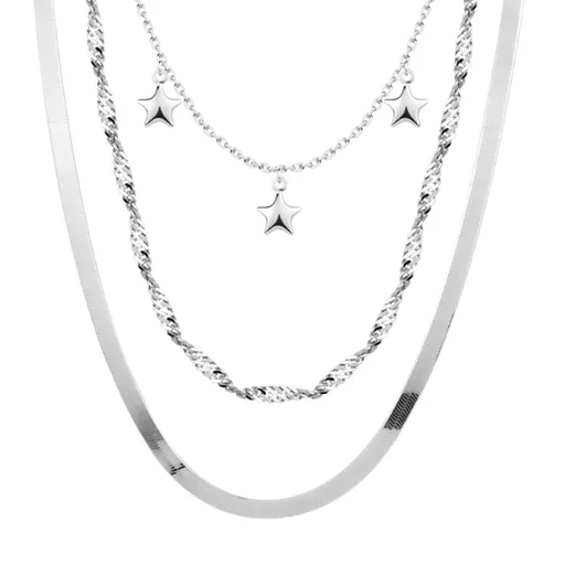 Stříbrný náhrdelník 925 - tři druhy řetízků, lesklé hvězdy, nastavitelný