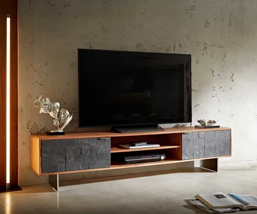 TV stolek Teele 200 cm přírodní akácie břidlice 2 dvířka podnož