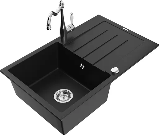MEXEN/S Bruno granitový dřez 1-miska s odkapávačem včetně baterie Carla, černá 6513-77-670700-00