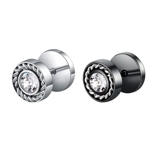 Falešný ocelový piercing do ucha - motiv slunce, kulatý zirkon, spirálové paprsky - Barva zirkonu: Černá - čirá