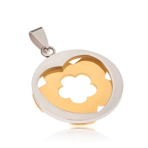 Ocelový přívěsek - stříbrný kruh se srdcovitým výřezem, zlatý květ