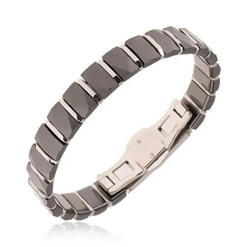 Černý keramický náramek, broušené podlouhlé články, ocelové proužky