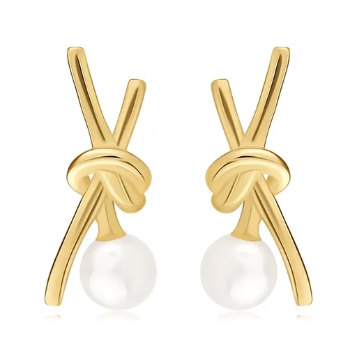 Náušnice ze žlutého 14K zlata - zkřížené linie, bílá sladkovodní perla