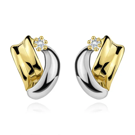Zlaté diamantové náušnice 585 - lesklé dvoubarevné oblouky, čirý kulatý briliant