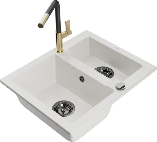 MEXEN/S Carlos granitový dřez 1.5 včetně baterie Flora, bílá 6518-20-670401-57-B