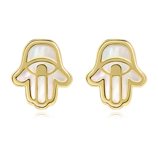 Zlaté náušnice 14K symbol Hamsa s přírodní perlou