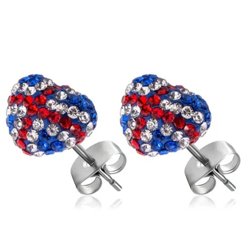 Náušnice z oceli 316L - srdce s vlajkou - modré, červené a čiré zirkony